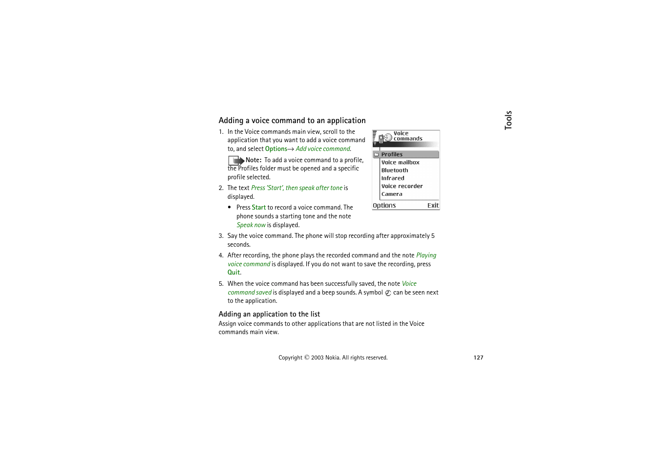 Adding a voice command to an application, Adding an application to the list | Nokia 9362065 User Manual | Page 127 / 205