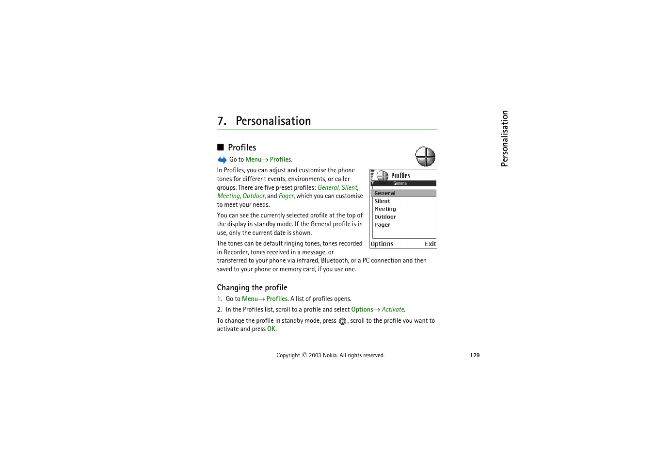 Personalisation, Profiles, Changing the profile | Nokia 9362065 User Manual | Page 129 / 205