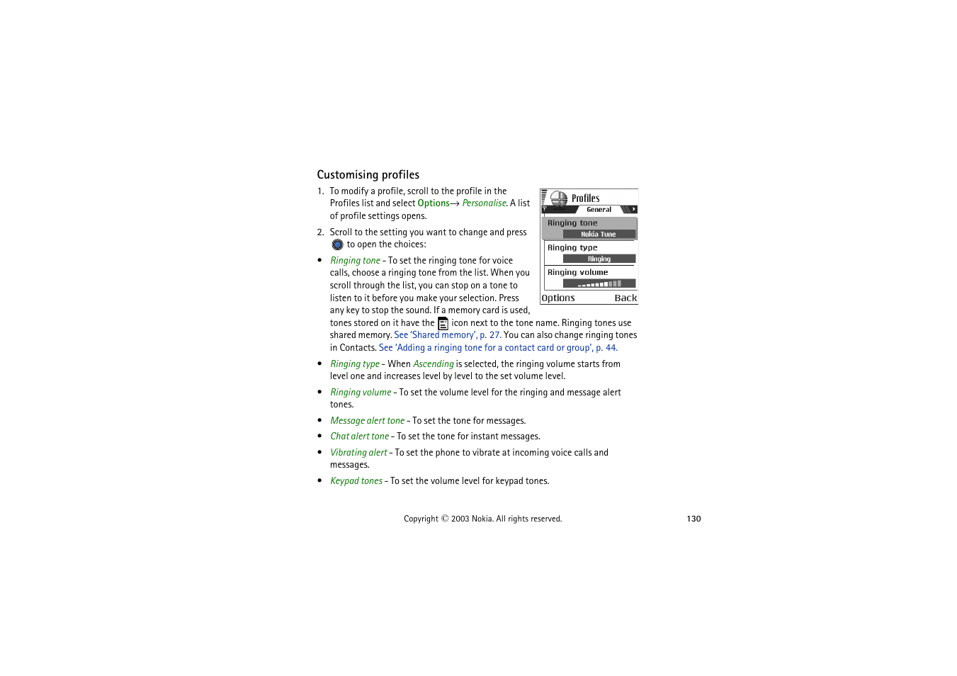 Customising profiles | Nokia 9362065 User Manual | Page 130 / 205
