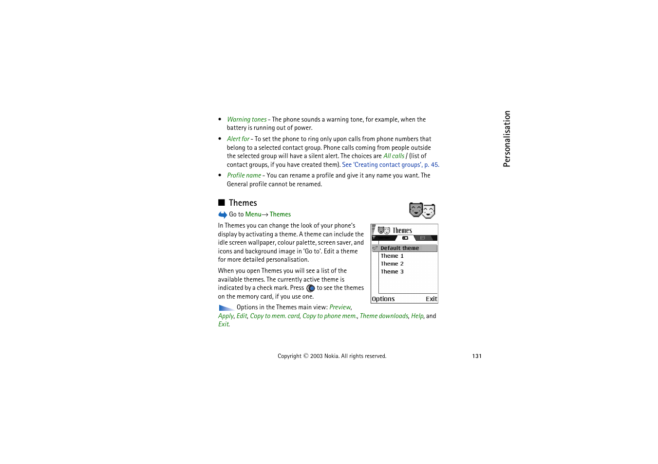 Themes, See ‘themes’, p. 131 | Nokia 9362065 User Manual | Page 131 / 205