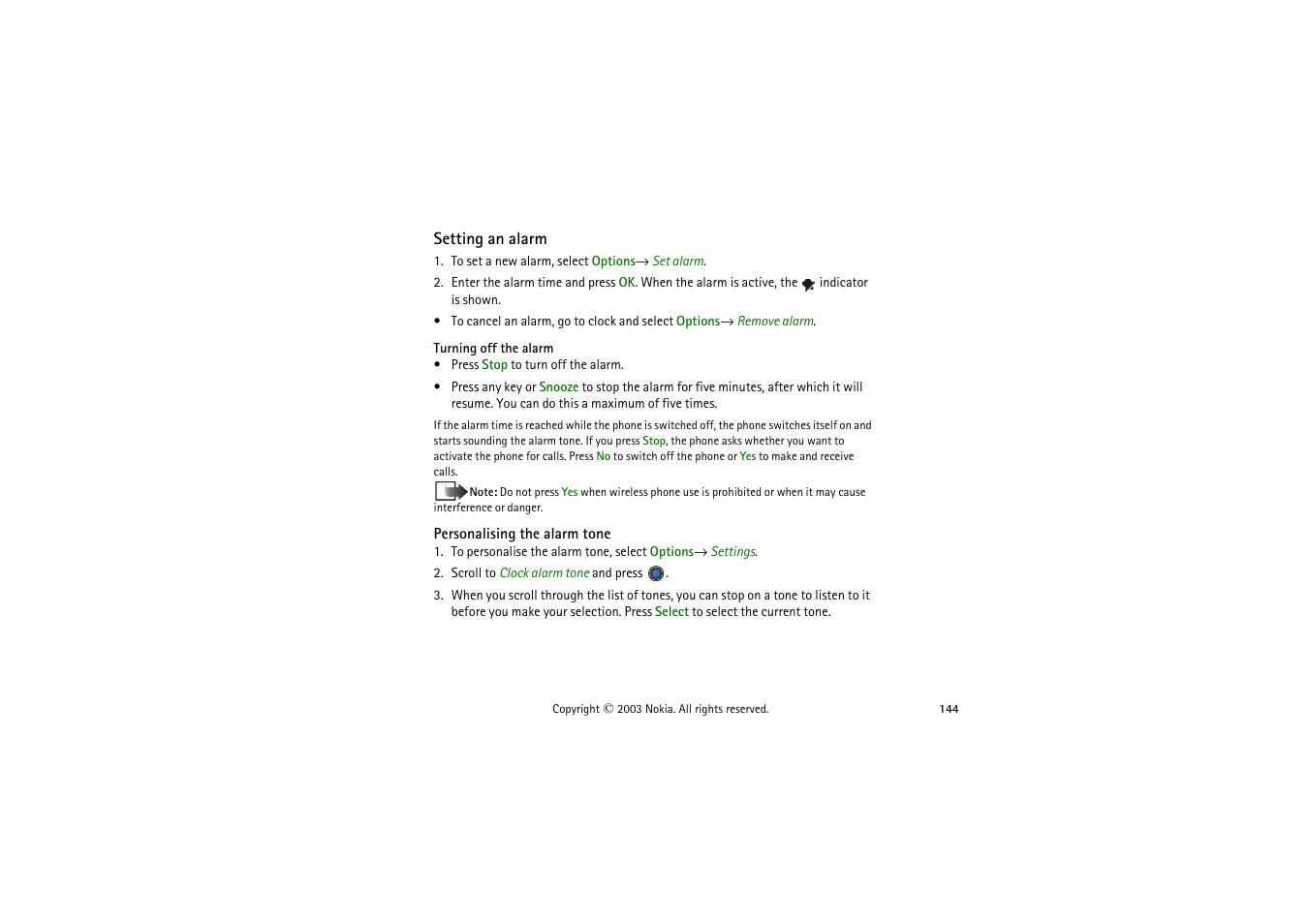 Setting an alarm, Personalising the alarm tone | Nokia 9362065 User Manual | Page 144 / 205