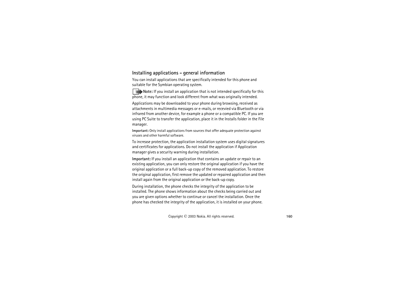 Installing applications - general information | Nokia 9362065 User Manual | Page 160 / 205