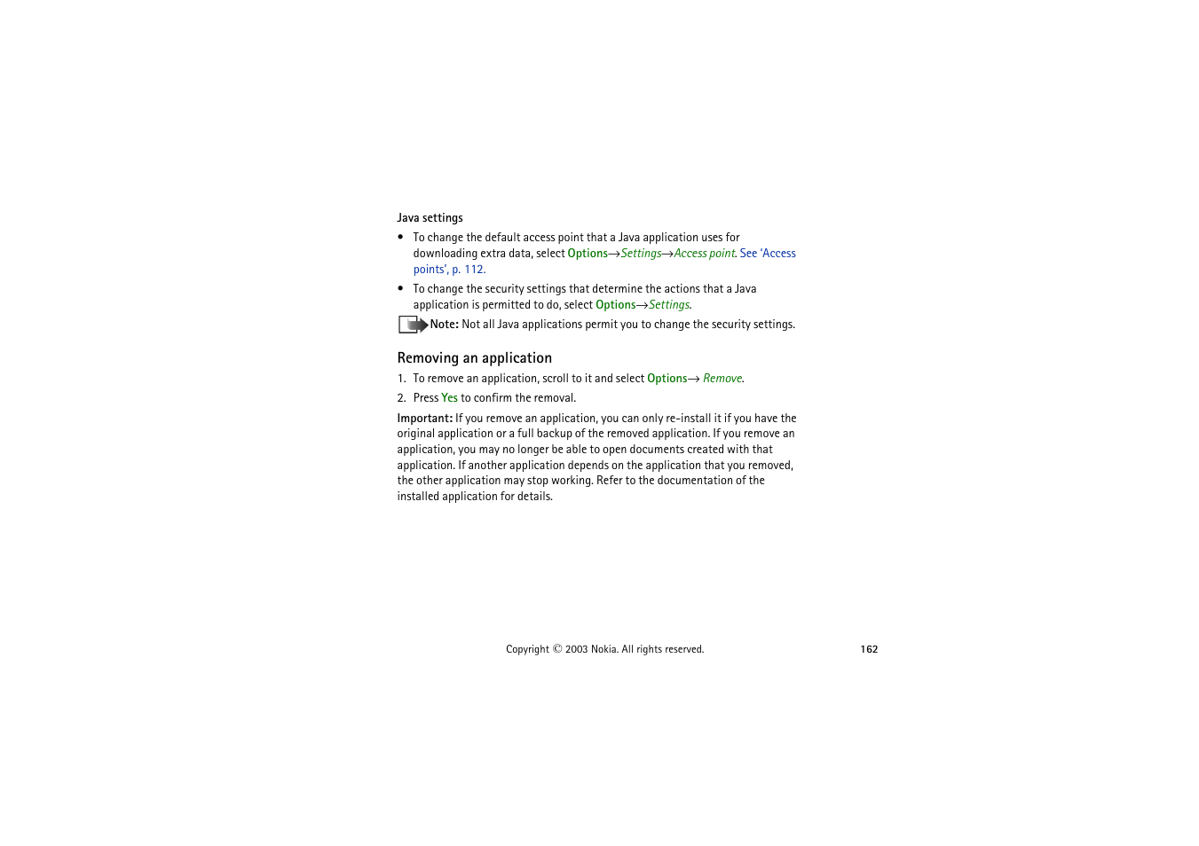 Removing an application | Nokia 9362065 User Manual | Page 162 / 205