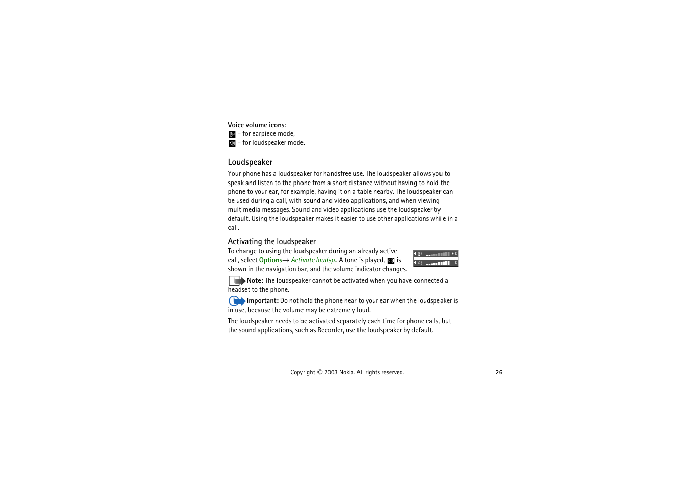 Loudspeaker, Activating the loudspeaker | Nokia 9362065 User Manual | Page 26 / 205