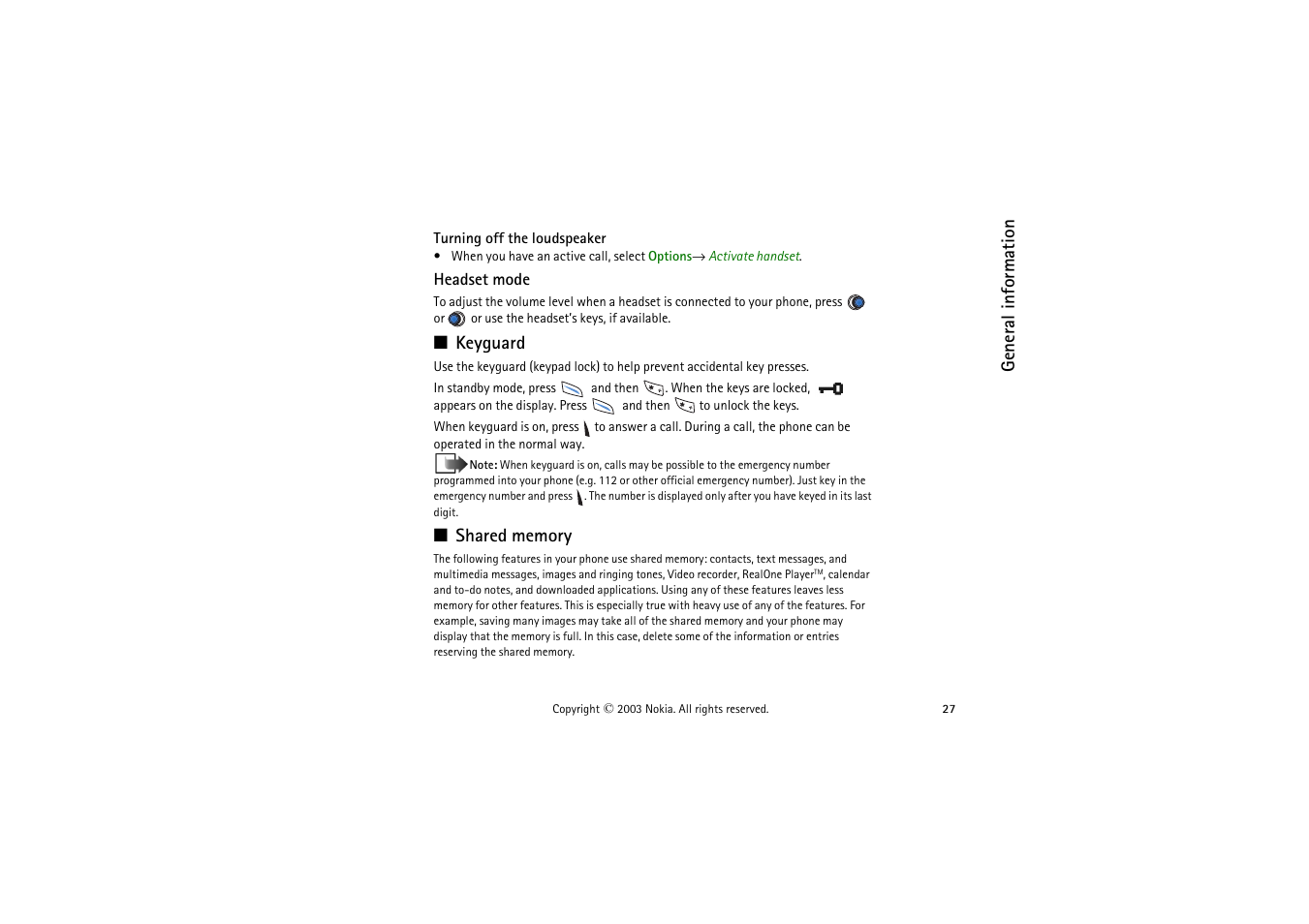 Turning off the loudspeaker, Headset mode, Keyguard | Shared memory, Keyguard shared memory | Nokia 9362065 User Manual | Page 27 / 205