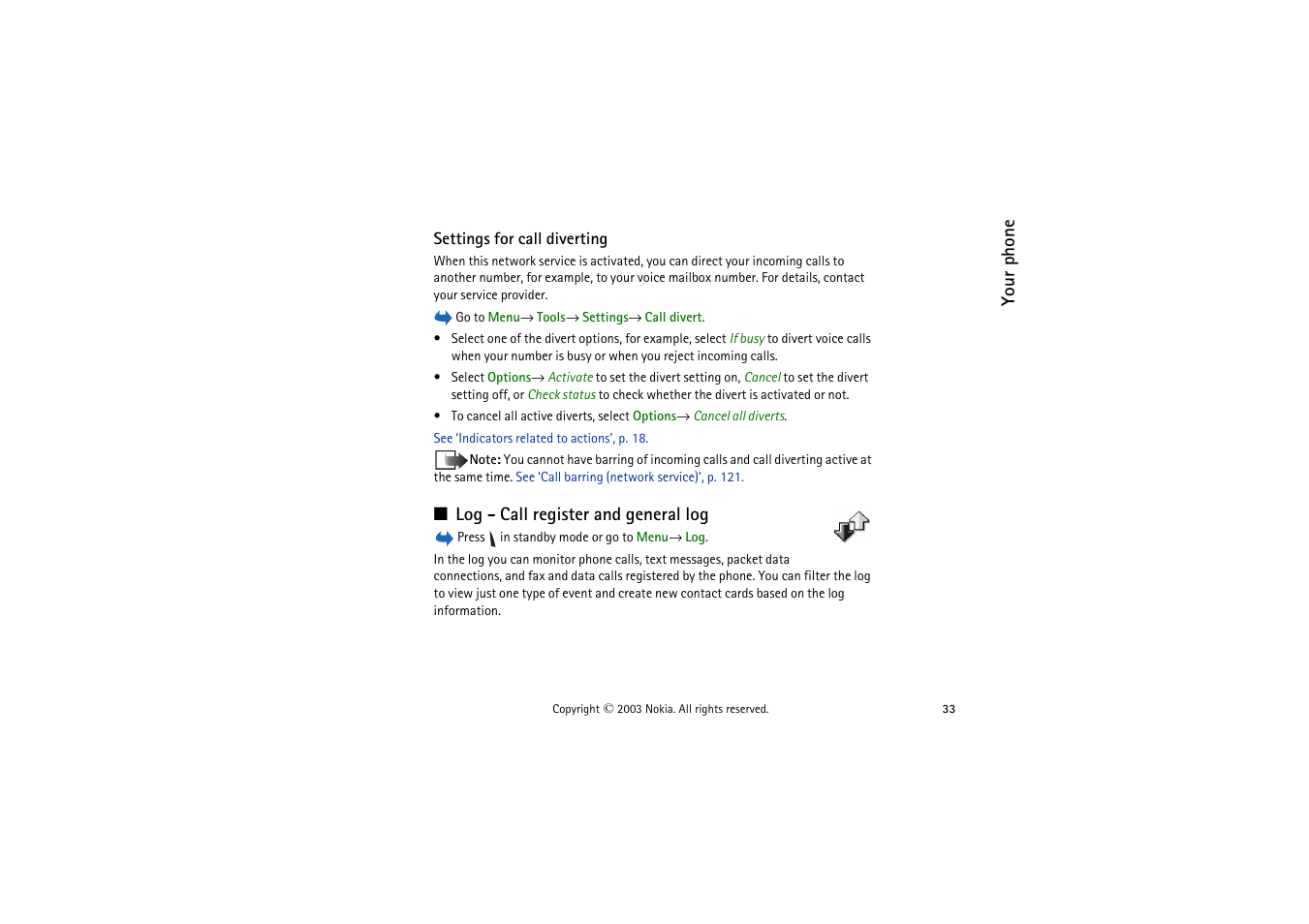 Settings for call diverting, Log - call register and general log, See ‘settings for call diverting | P. 33, See ‘settings for call diverting’, p. 33 | Nokia 9362065 User Manual | Page 33 / 205