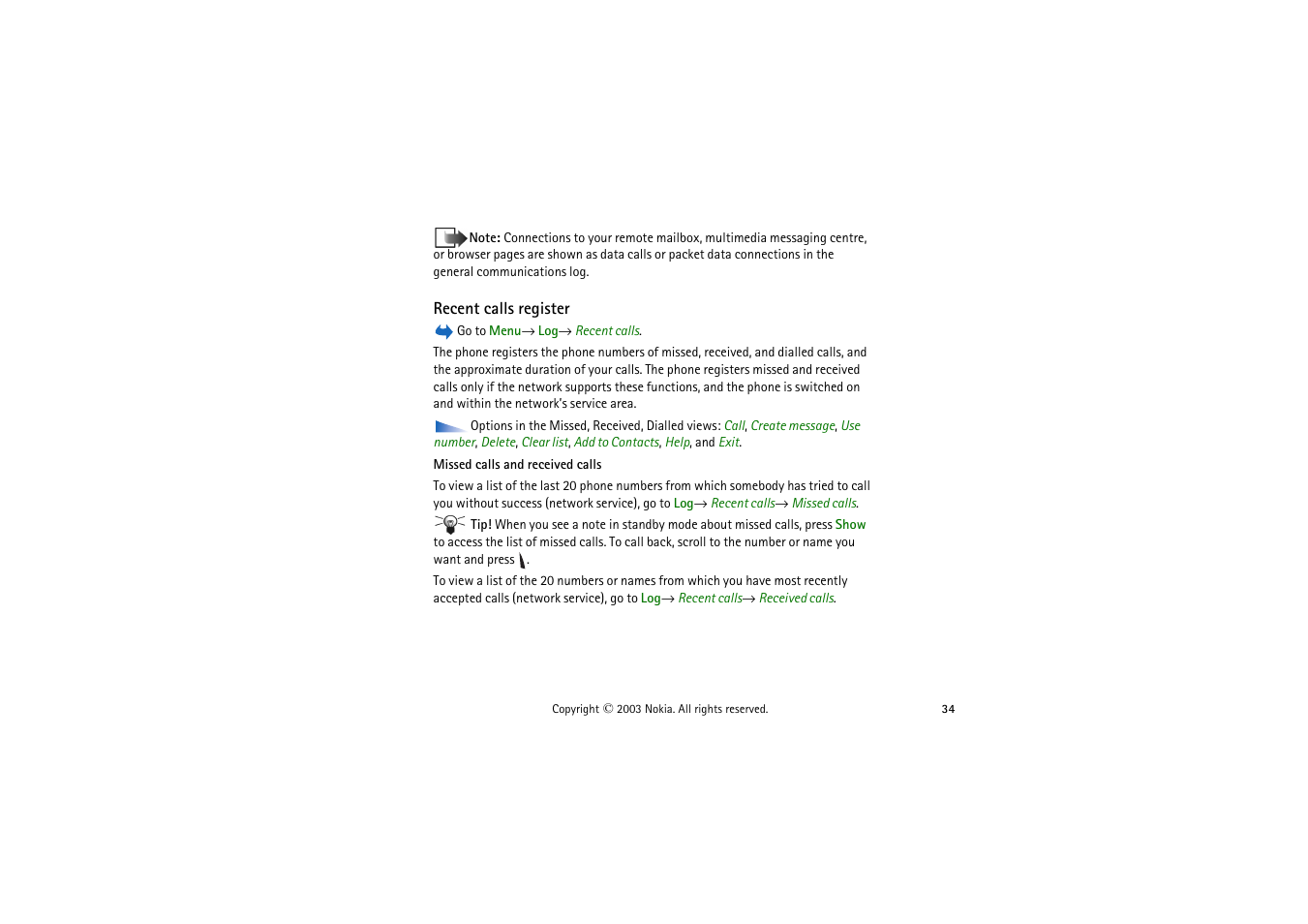 Recent calls register | Nokia 9362065 User Manual | Page 34 / 205