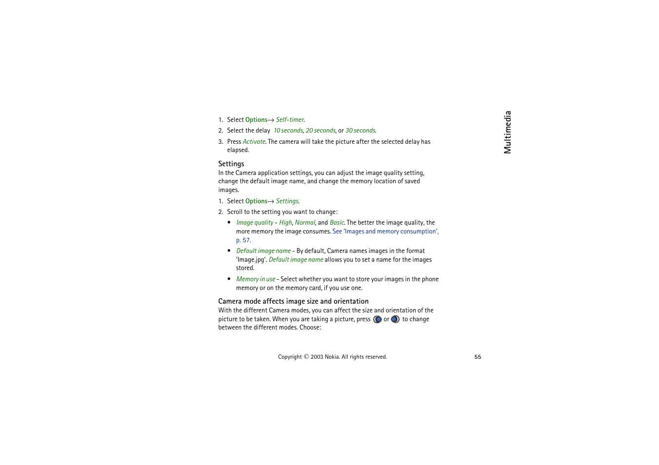 Settings, Camera mode affects image size and orientation | Nokia 9362065 User Manual | Page 55 / 205