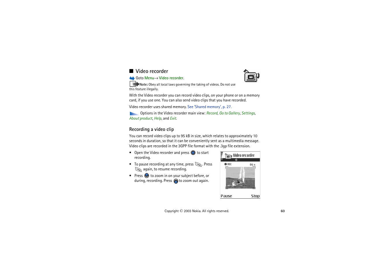 Video recorder, Recording a video clip | Nokia 9362065 User Manual | Page 60 / 205