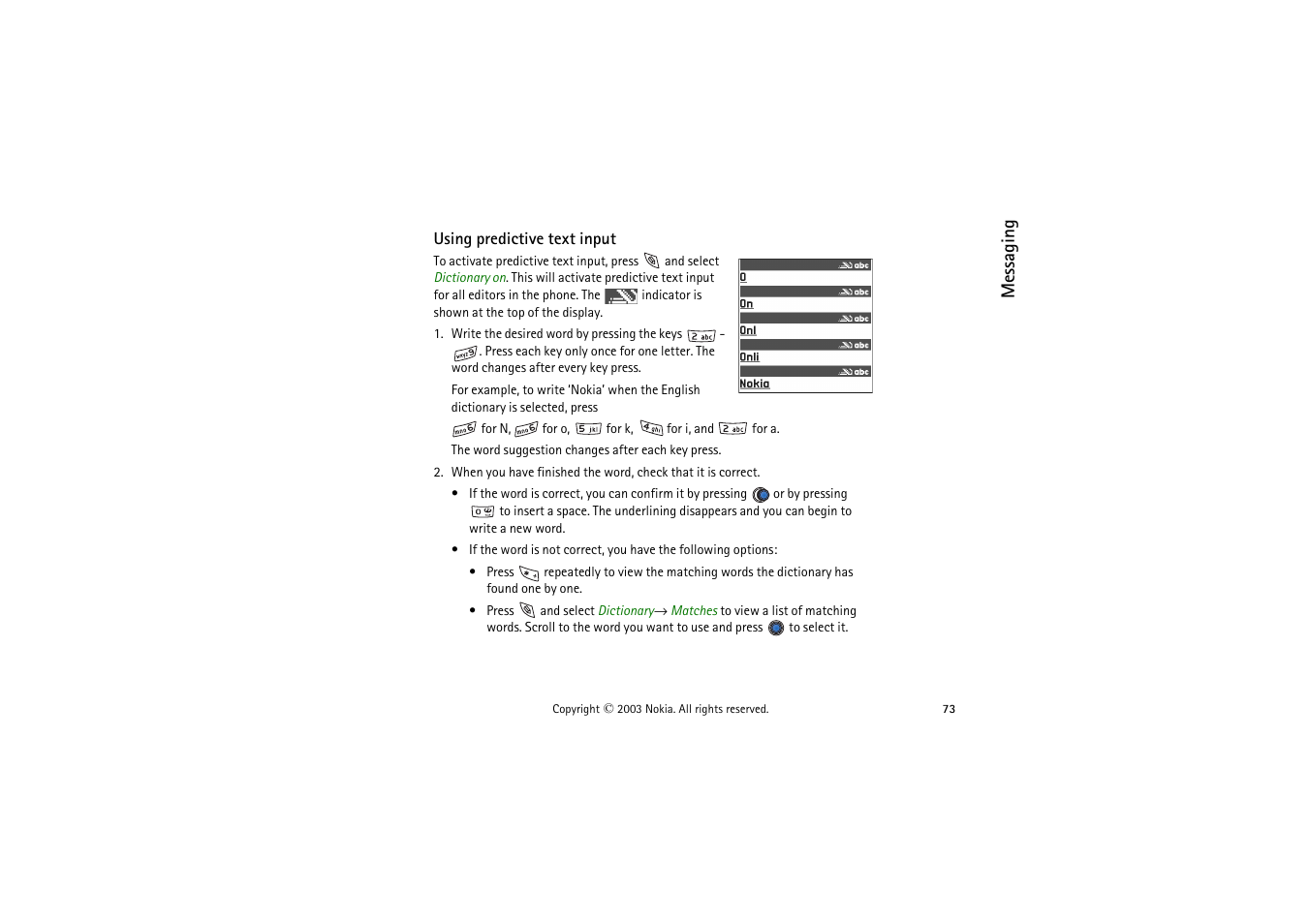 Using predictive text input | Nokia 9362065 User Manual | Page 73 / 205