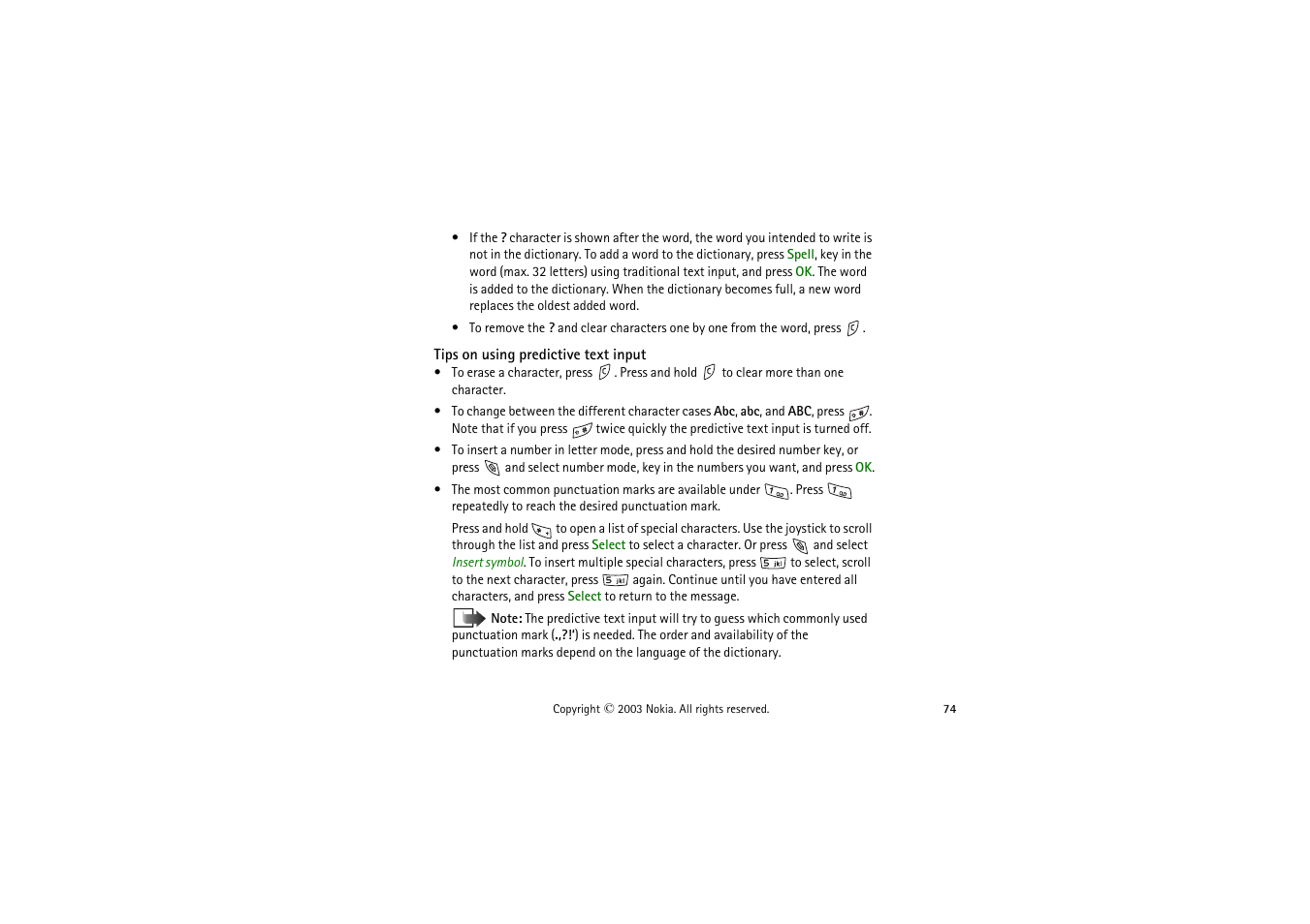 Tips on using predictive text input | Nokia 9362065 User Manual | Page 74 / 205
