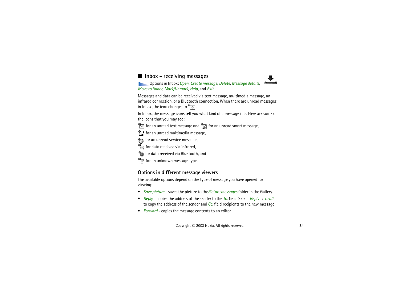 Inbox - receiving messages, Options in different message viewers | Nokia 9362065 User Manual | Page 84 / 205