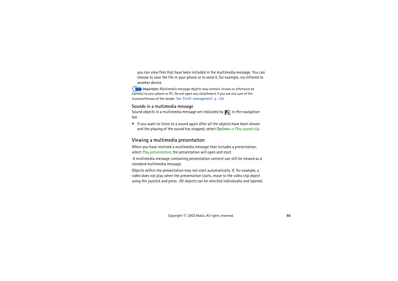 Sounds in a multimedia message, Viewing a multimedia presentation | Nokia 9362065 User Manual | Page 86 / 205