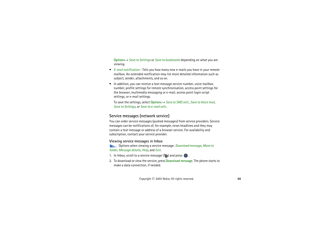 Service messages (network service), Viewing service messages in inbox | Nokia 9362065 User Manual | Page 88 / 205