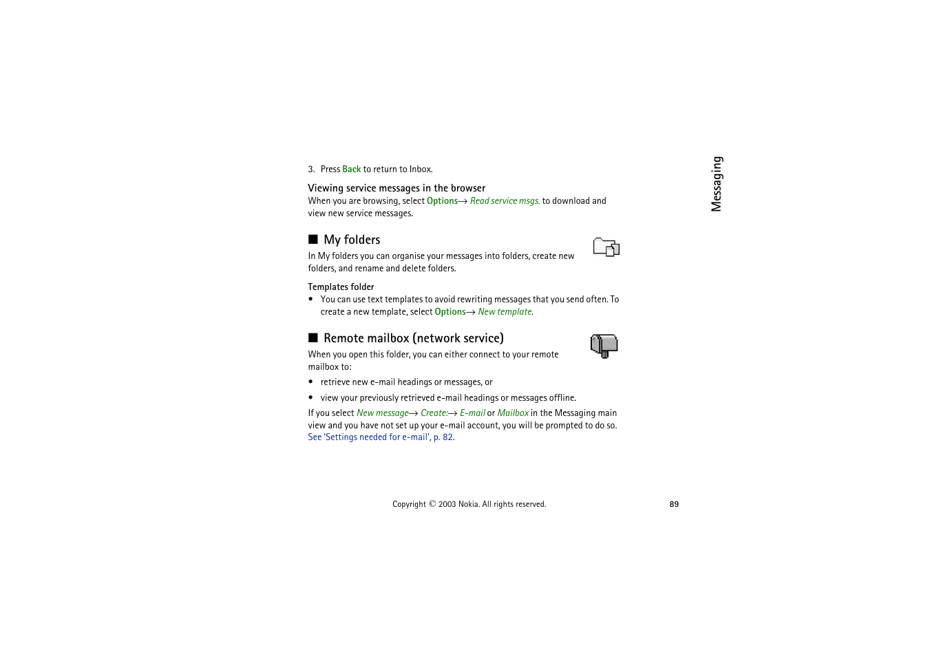 Viewing service messages in the browser, My folders, Remote mailbox (network service) | My folders remote mailbox (network service) | Nokia 9362065 User Manual | Page 89 / 205