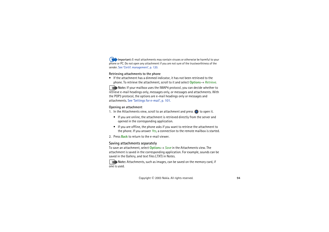 Saving attachments separately | Nokia 9362065 User Manual | Page 94 / 205