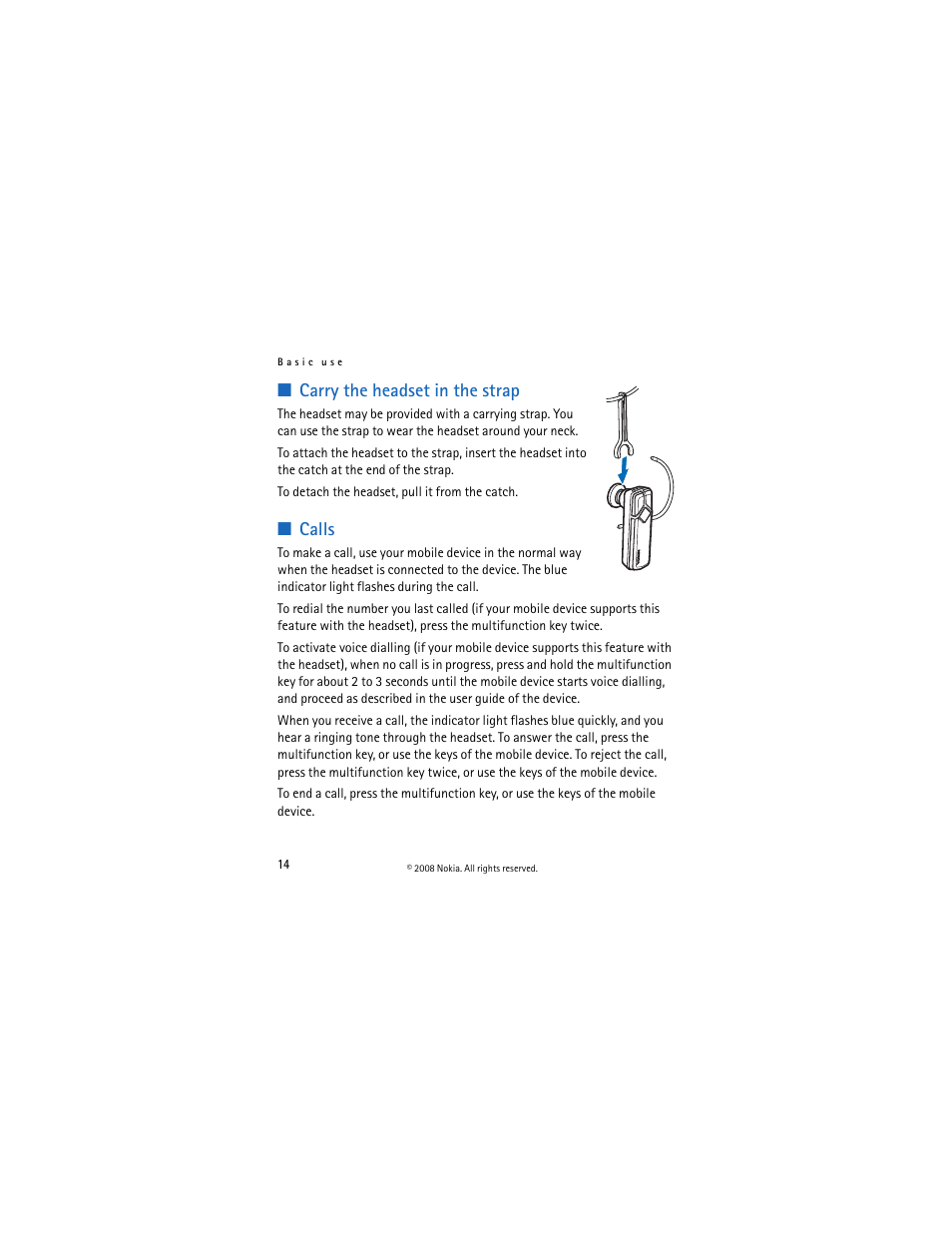 Carry the headset in the strap, Calls, Carry the headset in the strap calls | Nokia BH-703 User Manual | Page 14 / 19