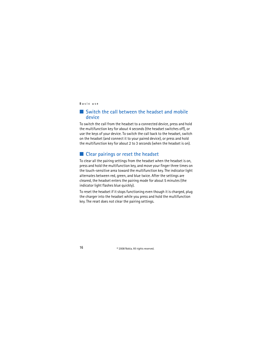 Clear pairings or reset the headset | Nokia BH-703 User Manual | Page 16 / 19