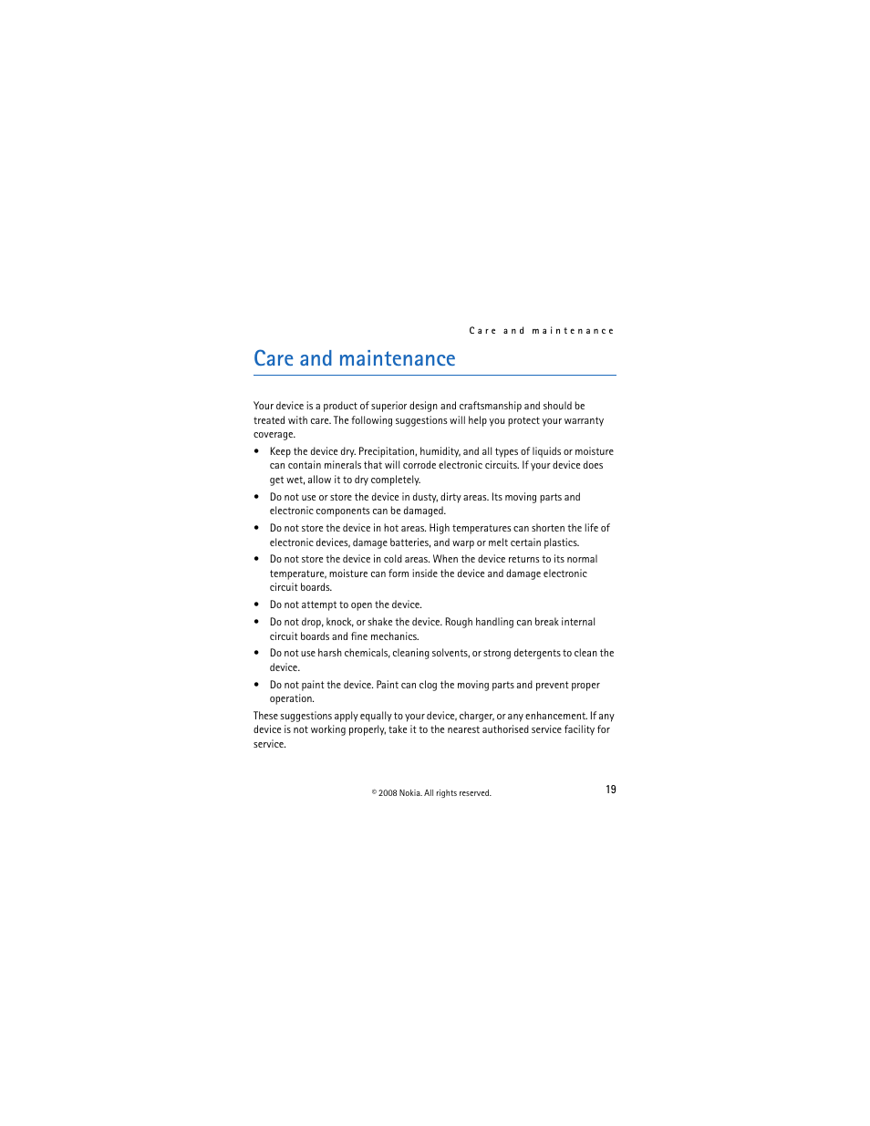 Care and maintenance | Nokia BH-703 User Manual | Page 19 / 19