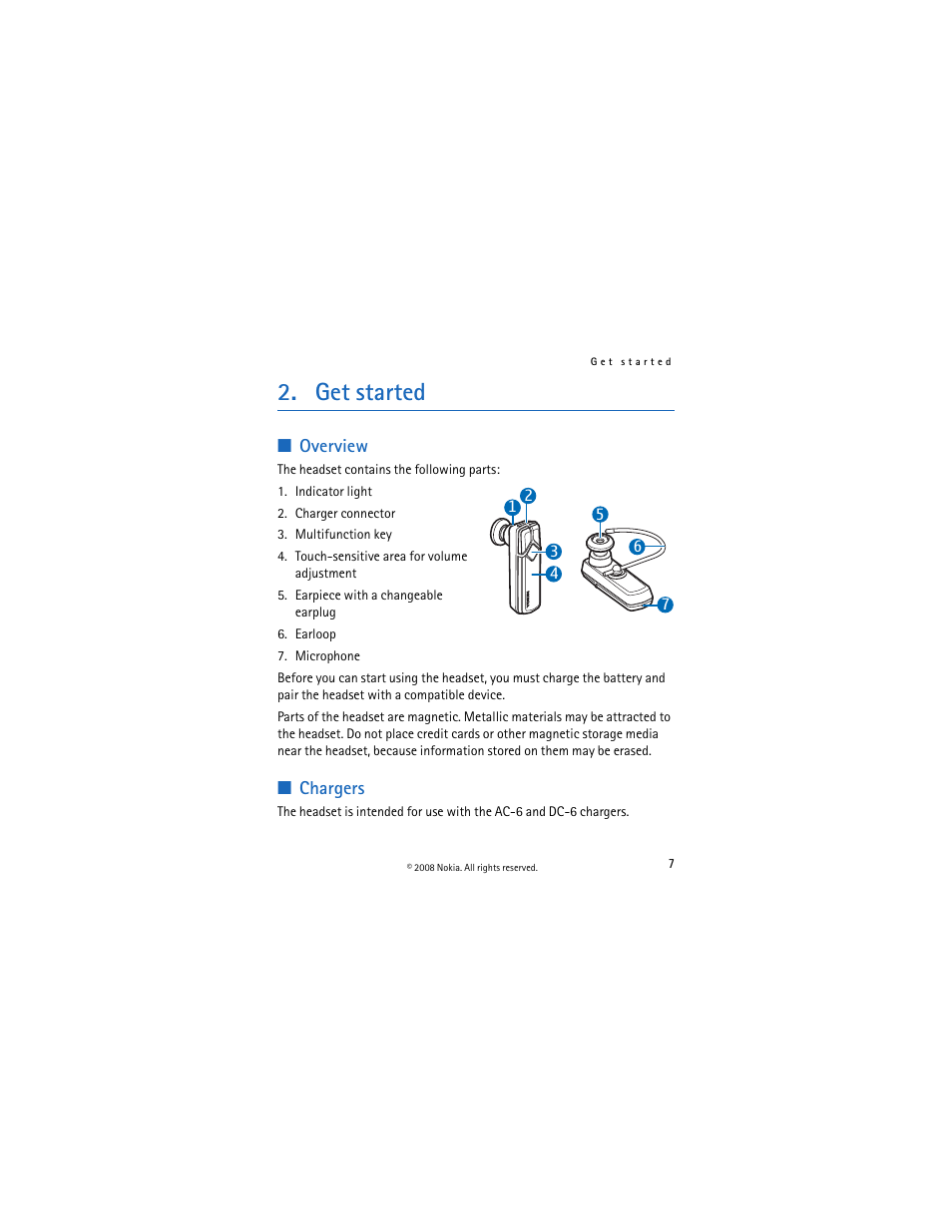 Get started, Overview, Chargers | Overview chargers | Nokia BH-703 User Manual | Page 7 / 19