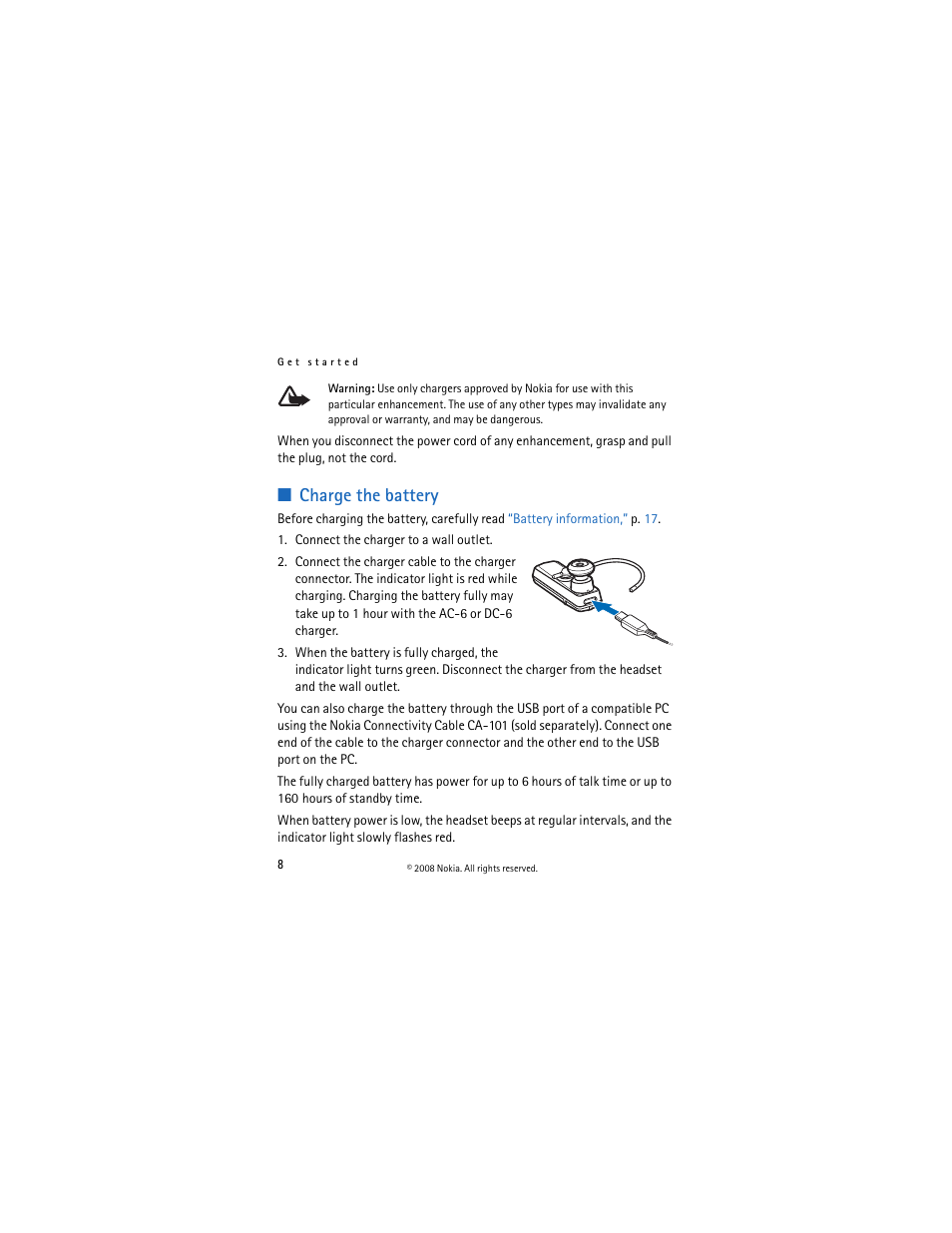 Charge the battery | Nokia BH-703 User Manual | Page 8 / 19