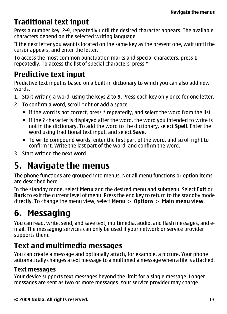 Traditional text input, Predictive text input, Navigate the menus | Messaging, Text and multimedia messages, Text messages, Navigate the menus 6. messaging | Nokia 2323 classic User Manual | Page 13 / 33