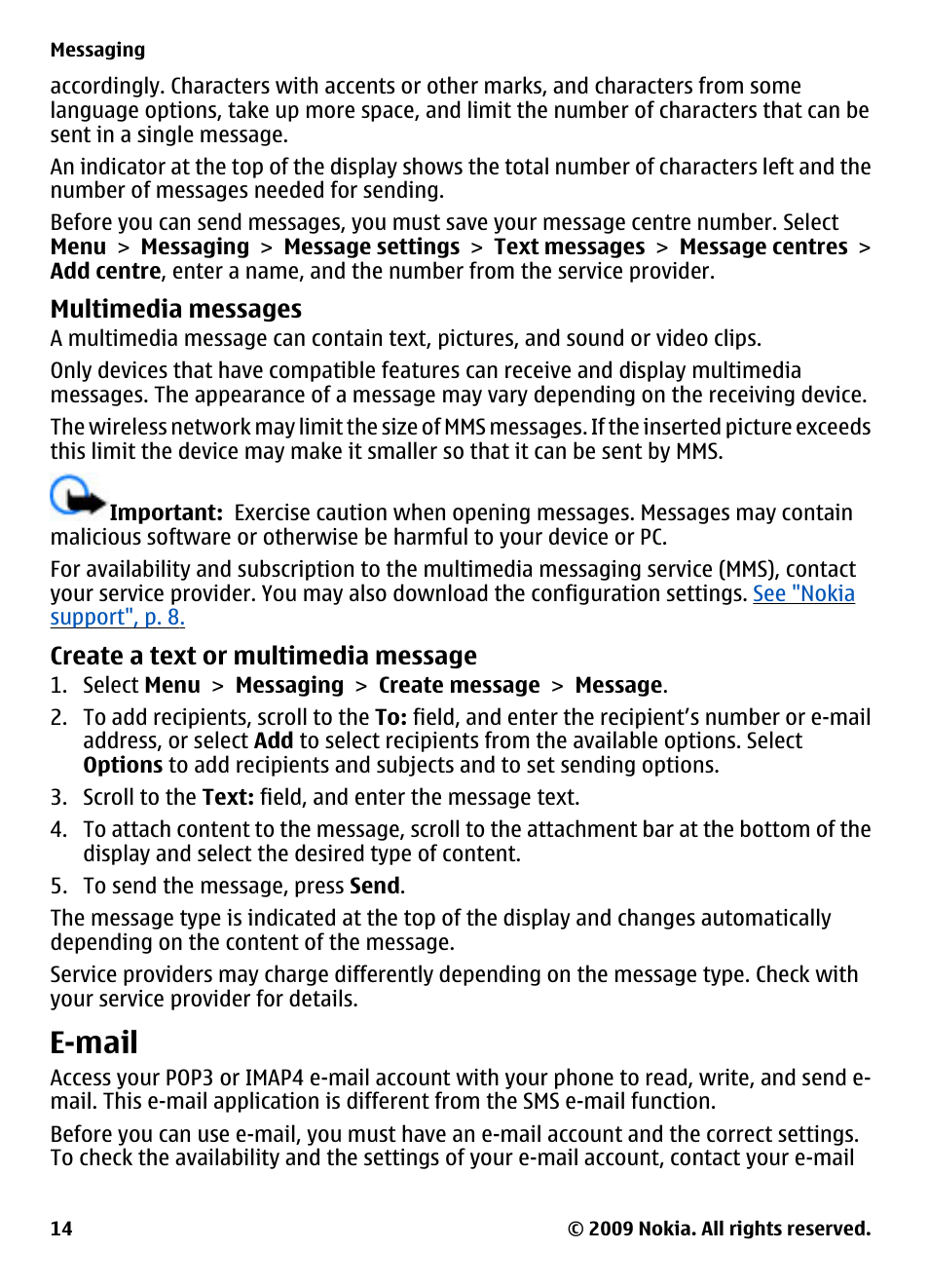 Multimedia messages, Create a text or multimedia message, E-mail | Create a text or multimedia, Message | Nokia 2323 classic User Manual | Page 14 / 33
