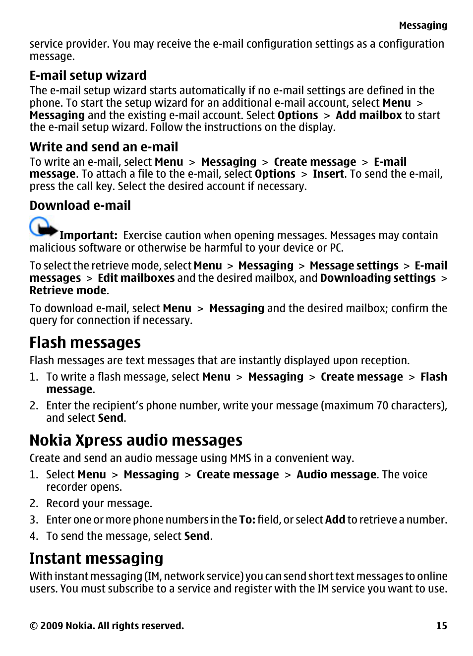 E-mail setup wizard, Write and send an e-mail, Download e-mail | Flash messages, Nokia xpress audio messages, Instant messaging | Nokia 2323 classic User Manual | Page 15 / 33
