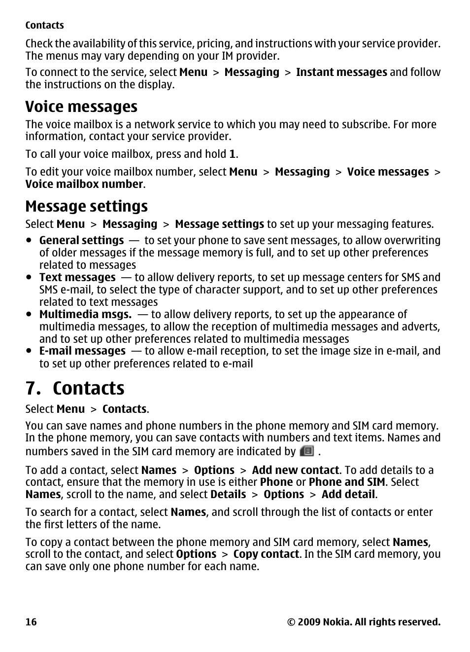 Voice messages, Message settings, Contacts | Nokia 2323 classic User Manual | Page 16 / 33