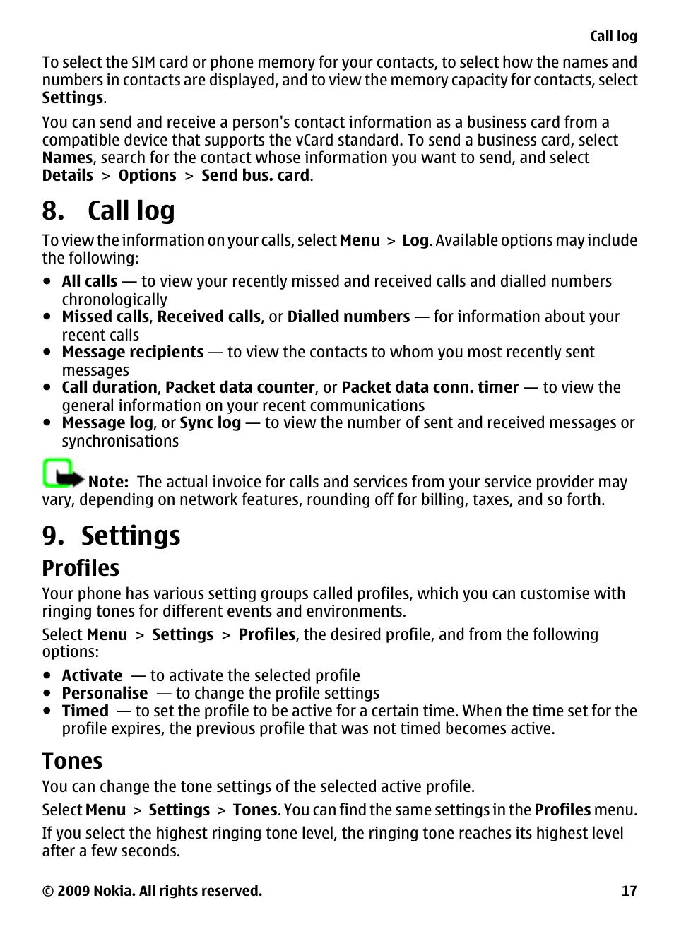 Call log, Settings, Profiles | Tones, Call log 9. settings | Nokia 2323 classic User Manual | Page 17 / 33