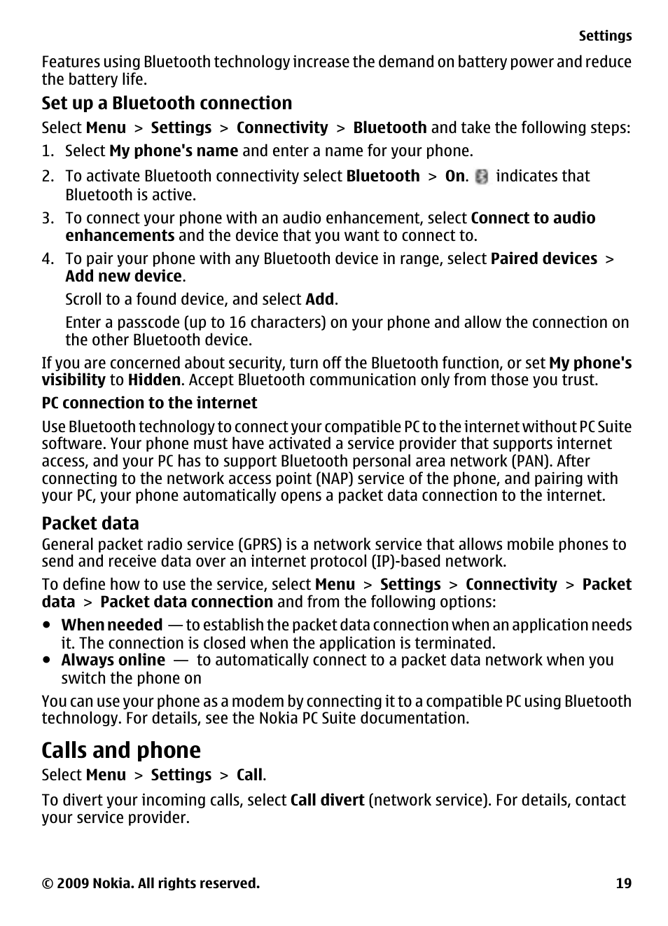 Packet data, Calls and phone | Nokia 2323 classic User Manual | Page 19 / 33