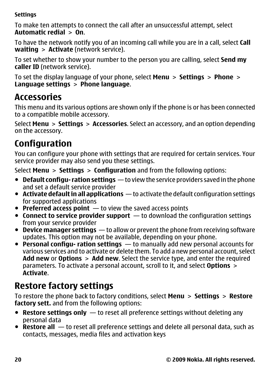 Accessories, Configuration, Restore factory settings | Nokia 2323 classic User Manual | Page 20 / 33