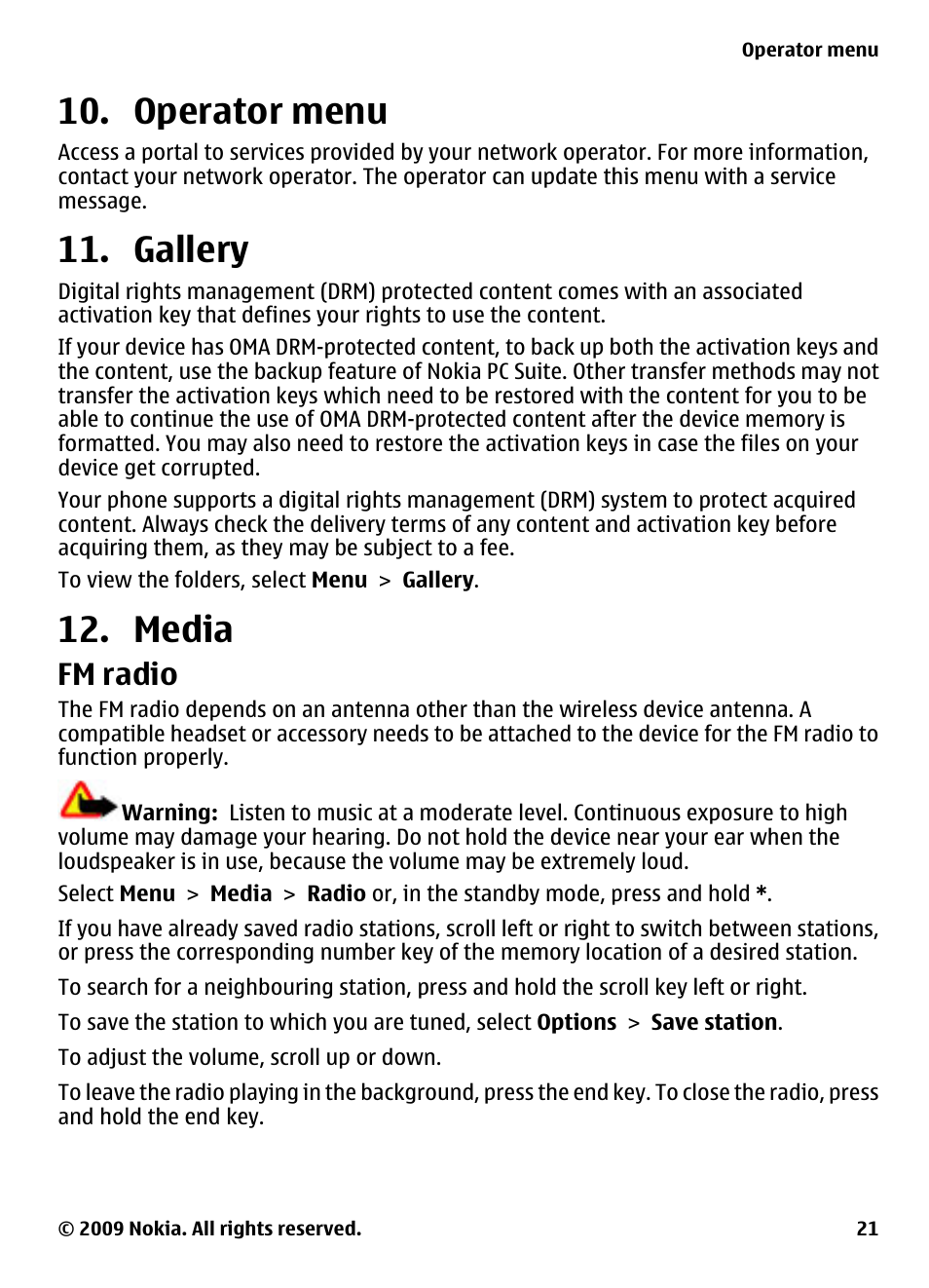 Operator menu, Gallery, Media | Fm radio, Operator menu 11. gallery 12. media | Nokia 2323 classic User Manual | Page 21 / 33