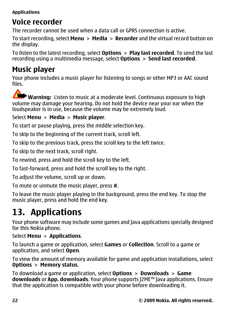 Voice recorder, Music player, Applications | Nokia 2323 classic User Manual | Page 22 / 33