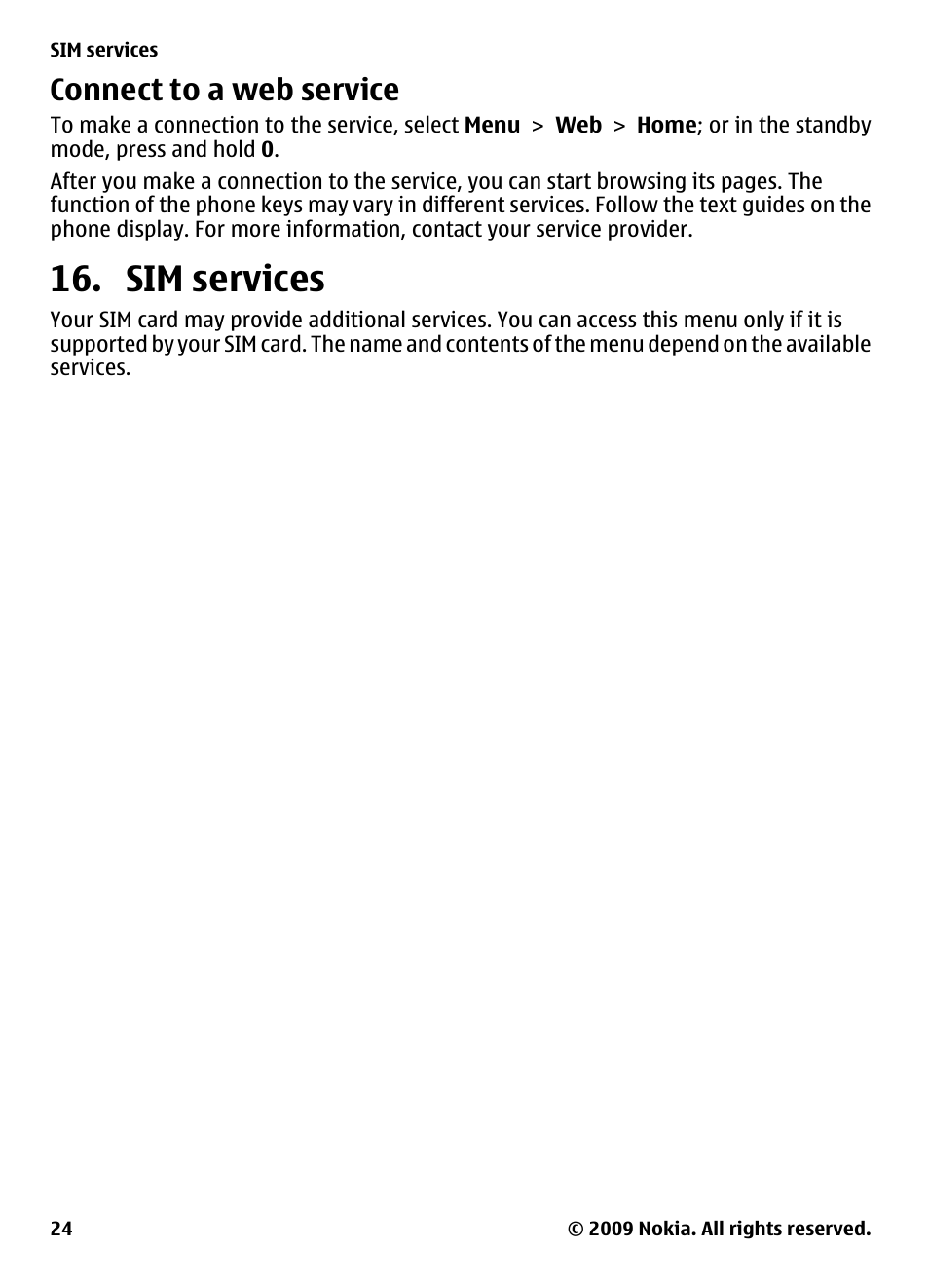 Connect to a web service, Sim services | Nokia 2323 classic User Manual | Page 24 / 33