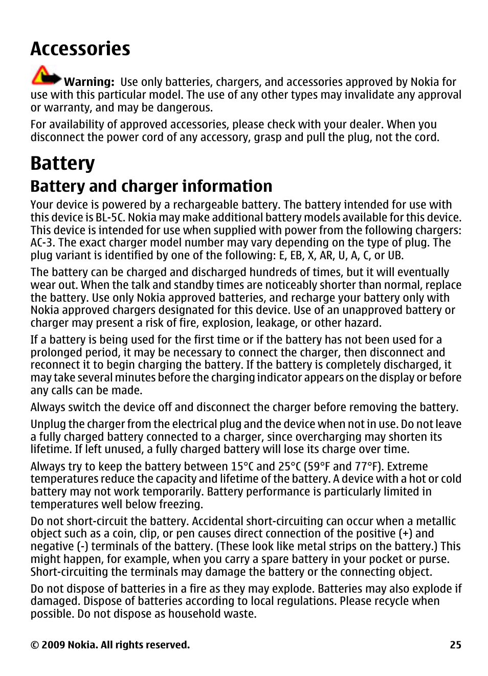 Accessories, Battery, Battery and charger information | Accessories battery | Nokia 2323 classic User Manual | Page 25 / 33