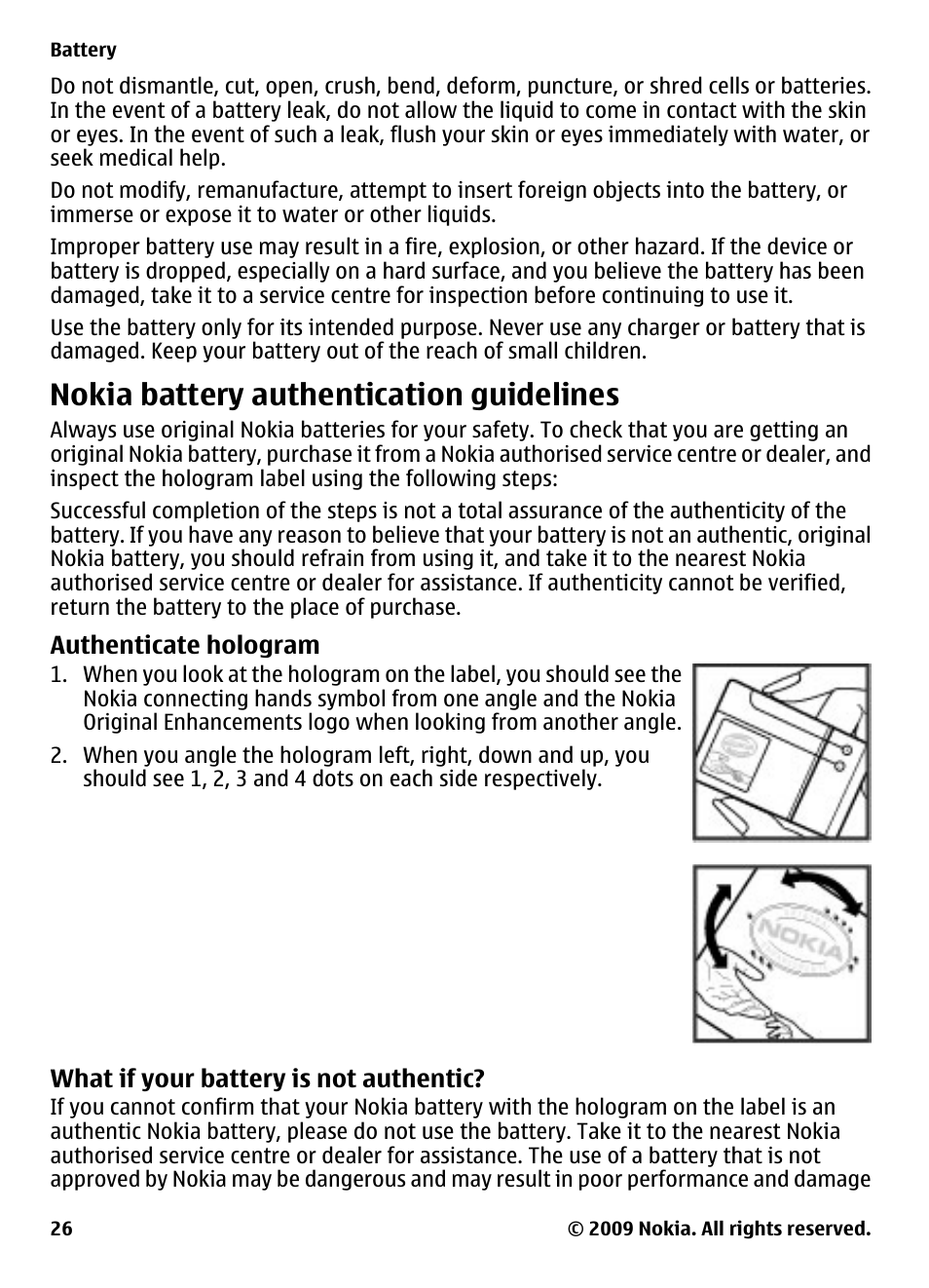 Nokia battery authentication guidelines, Authenticate hologram, What if your battery is not authentic | Nokia battery authentication, Guidelines, What if your battery is not, Authentic | Nokia 2323 classic User Manual | Page 26 / 33