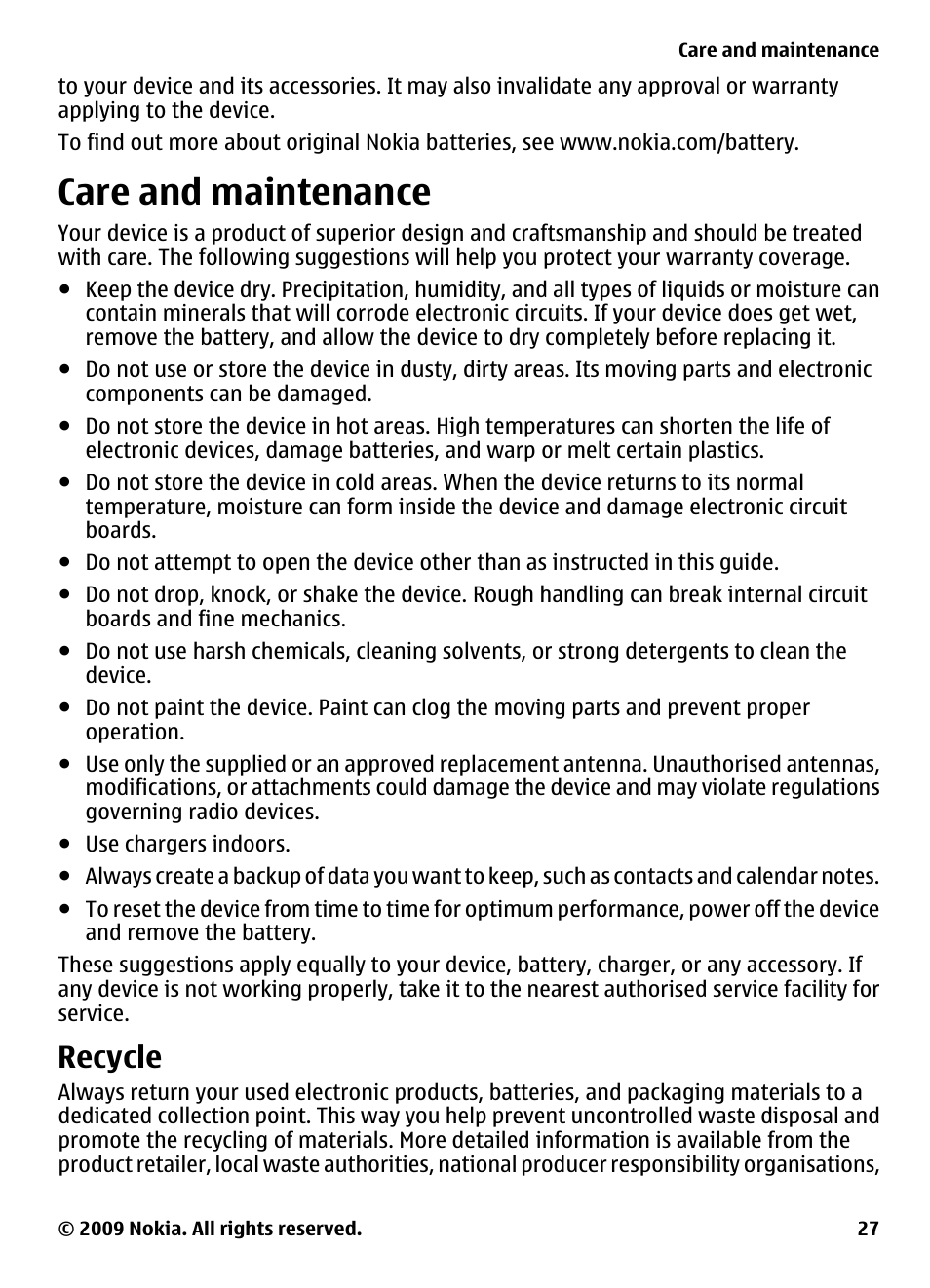 Care and maintenance, Recycle | Nokia 2323 classic User Manual | Page 27 / 33