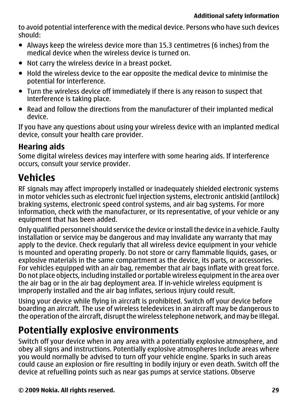 Hearing aids, Vehicles, Potentially explosive environments | Nokia 2323 classic User Manual | Page 29 / 33