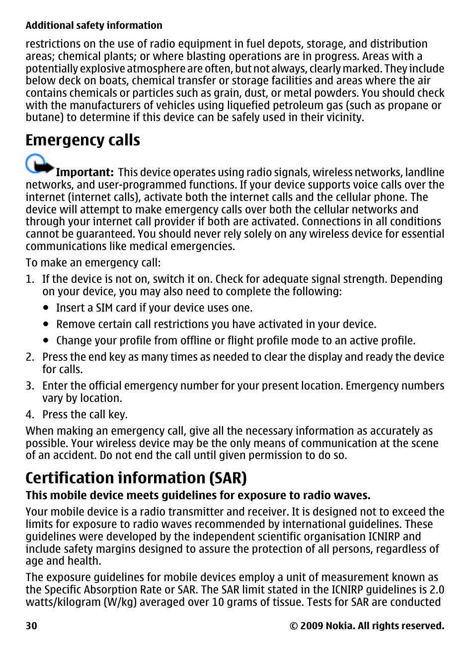 Emergency calls, Certification information (sar) | Nokia 2323 classic User Manual | Page 30 / 33