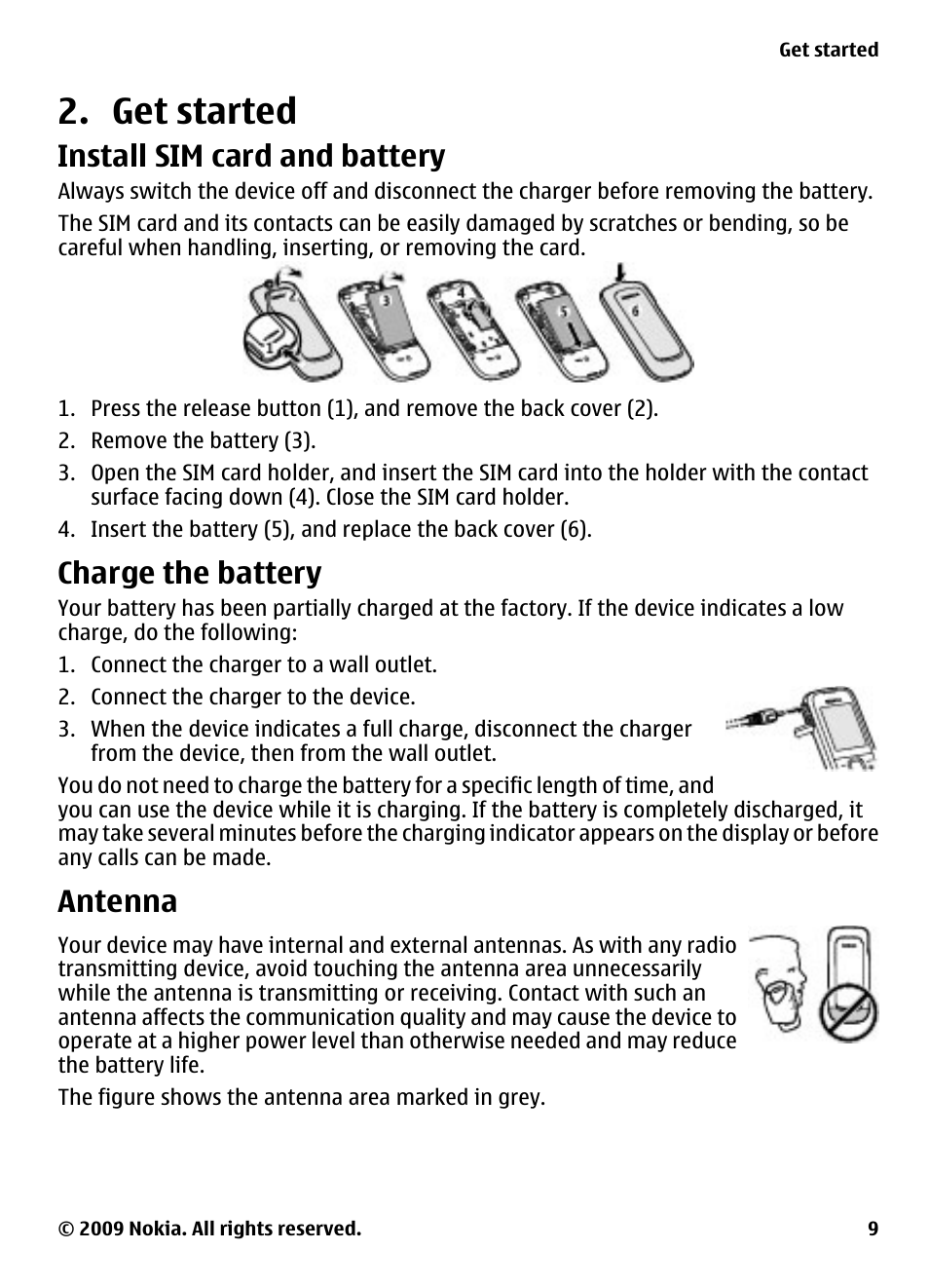 Get started, Install sim card and battery, Charge the battery | Antenna | Nokia 2323 classic User Manual | Page 9 / 33