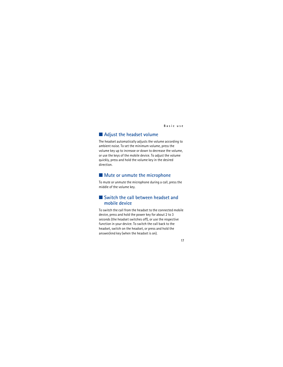 Adjust the headset volume, Mute or unmute the microphone, Switch the call between headset and mobile device | Eng lish | Nokia BH-602 User Manual | Page 17 / 22