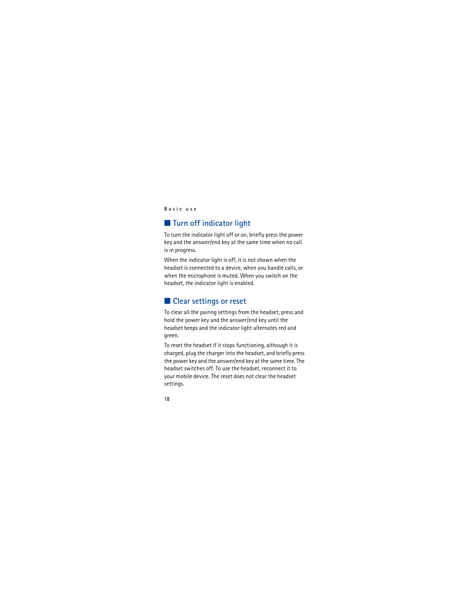Turn off indicator light, Clear settings or reset, Turn off indicator light clear settings or reset | Nokia BH-602 User Manual | Page 18 / 22