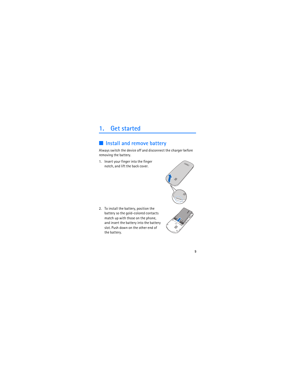 Get started, Install and remove battery | Nokia 1006 User Manual | Page 10 / 81