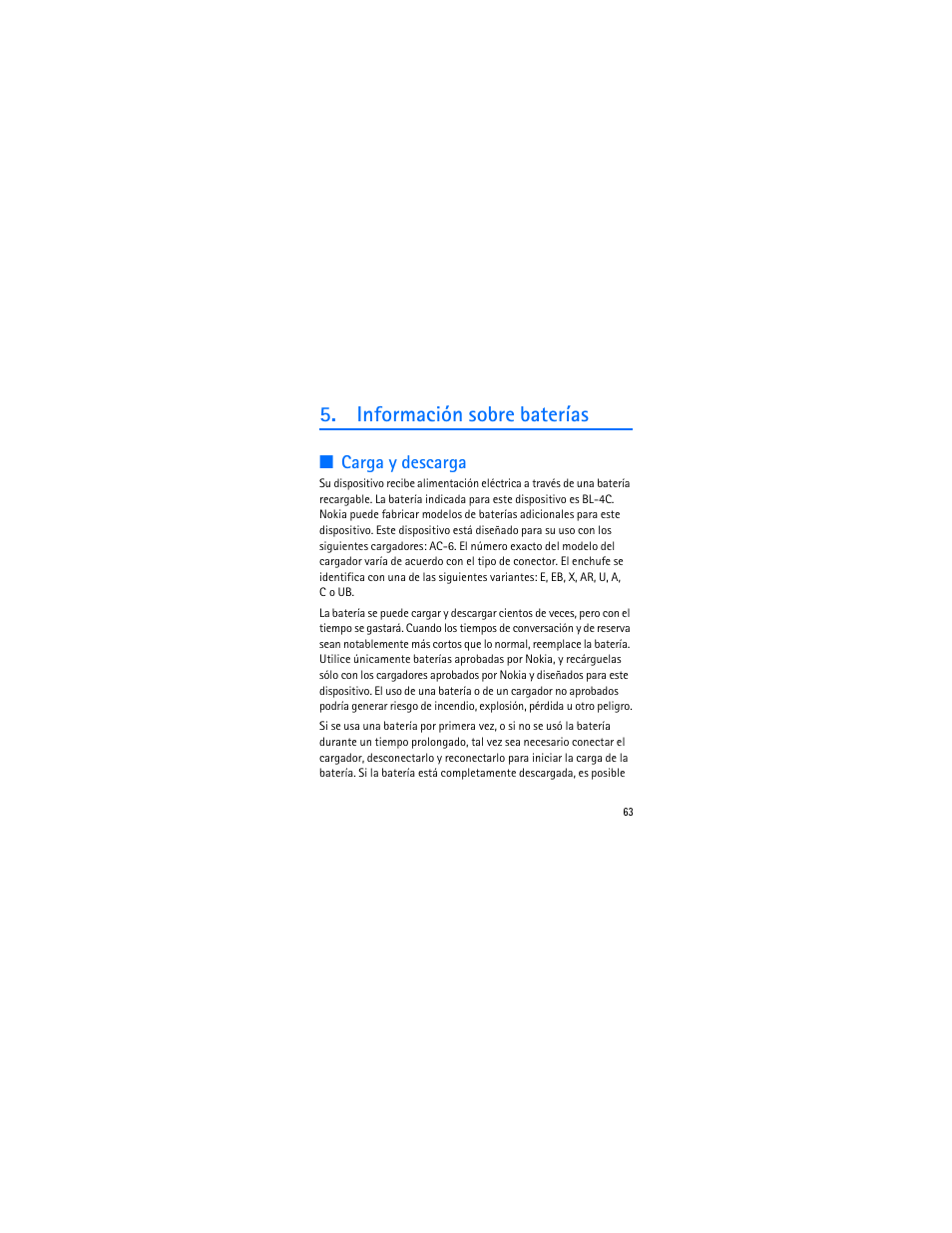 Información sobre baterías, Carga y descarga | Nokia 1006 User Manual | Page 64 / 81