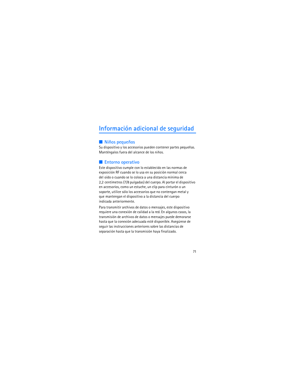 Información adicional de seguridad | Nokia 1006 User Manual | Page 72 / 81