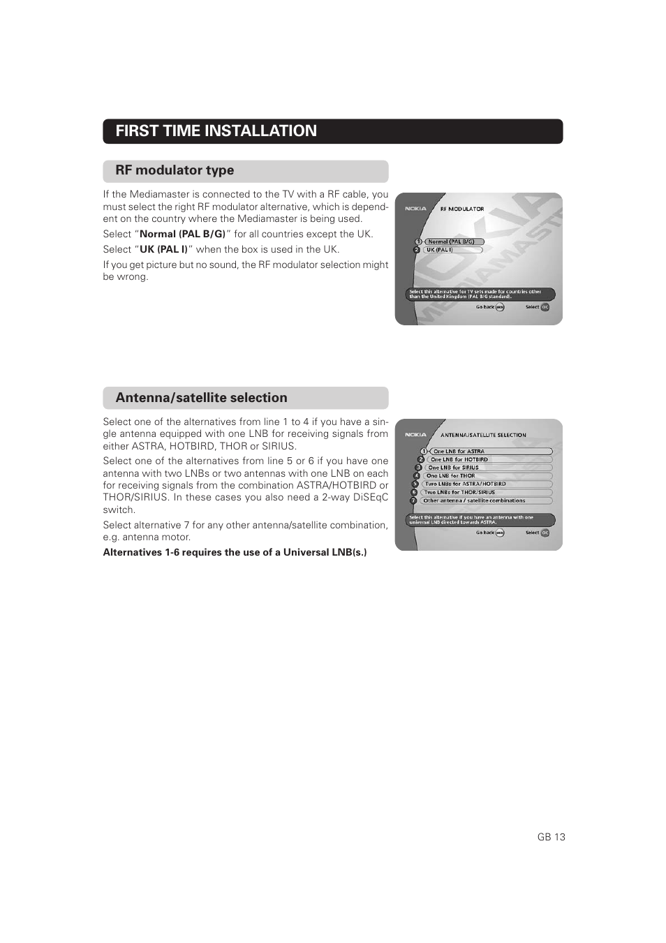 First time installation, Antenna/satellite selection, Rf modulator type | Nokia Mediamaster 9802 S User Manual | Page 13 / 50