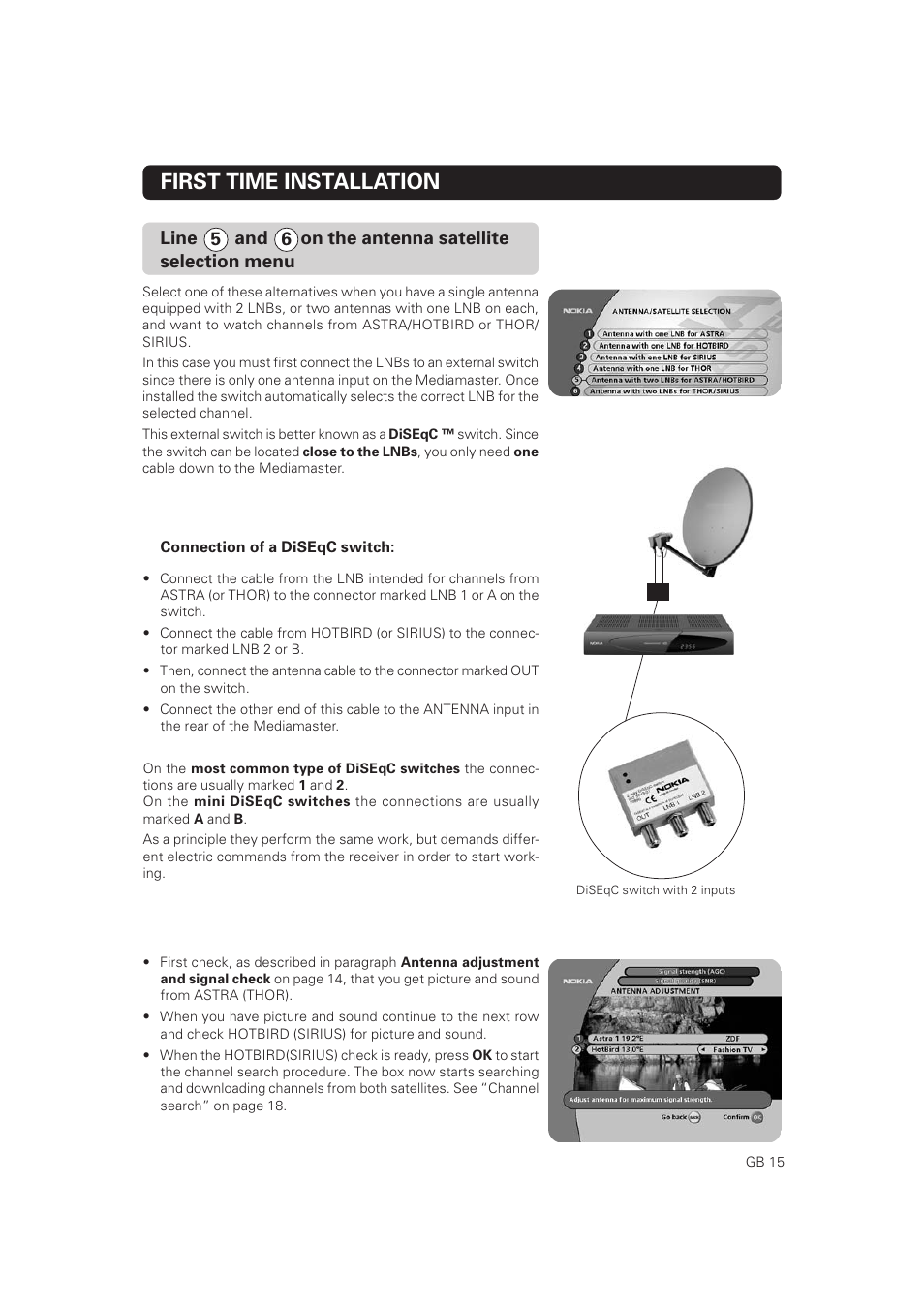 First time installation | Nokia Mediamaster 9802 S User Manual | Page 15 / 50