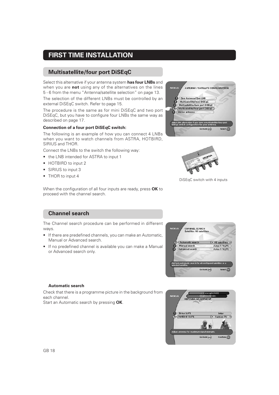 First time installation, Multisatellite/four port diseqc, Channel search | Nokia Mediamaster 9802 S User Manual | Page 18 / 50