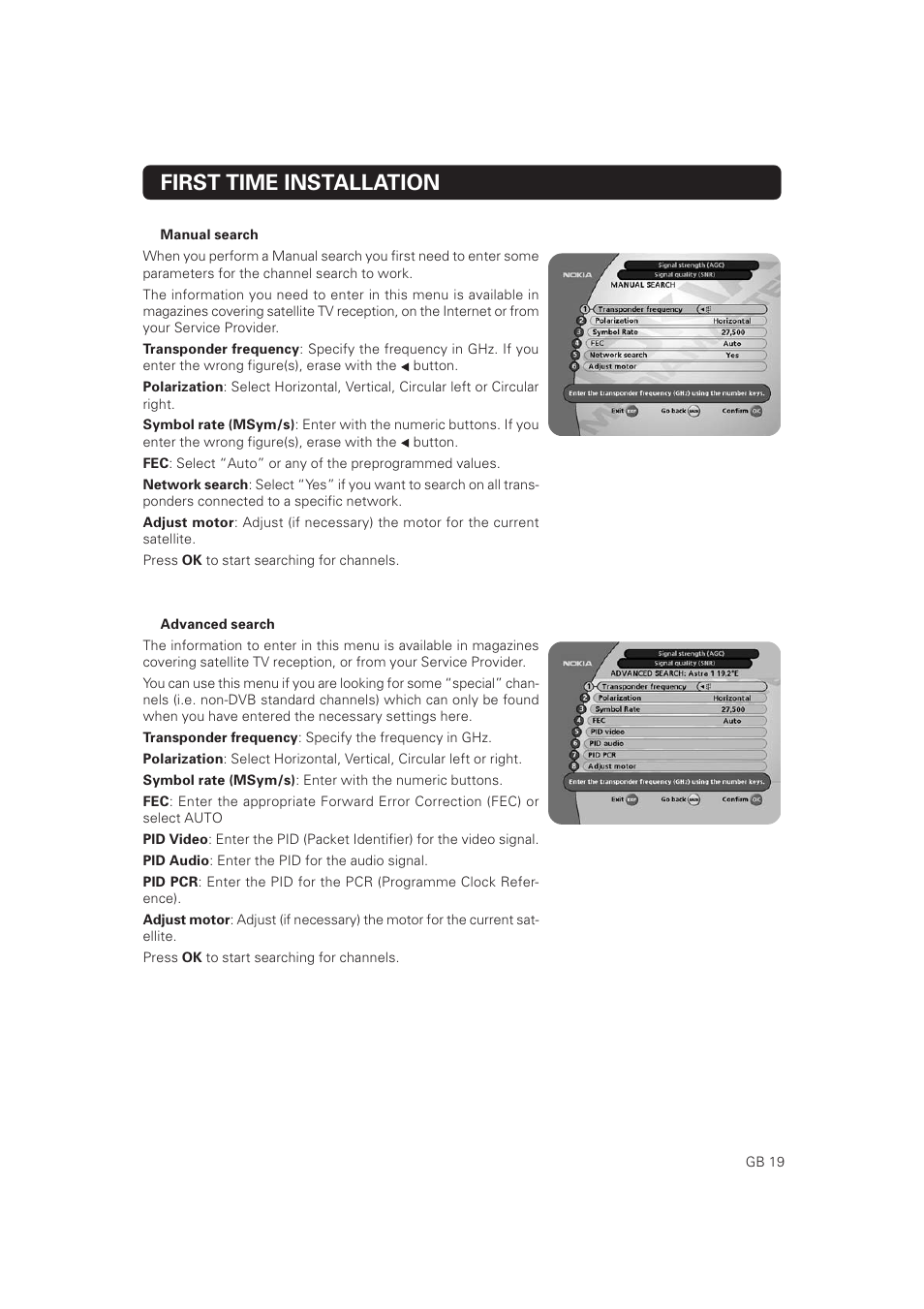 First time installation | Nokia Mediamaster 9802 S User Manual | Page 19 / 50